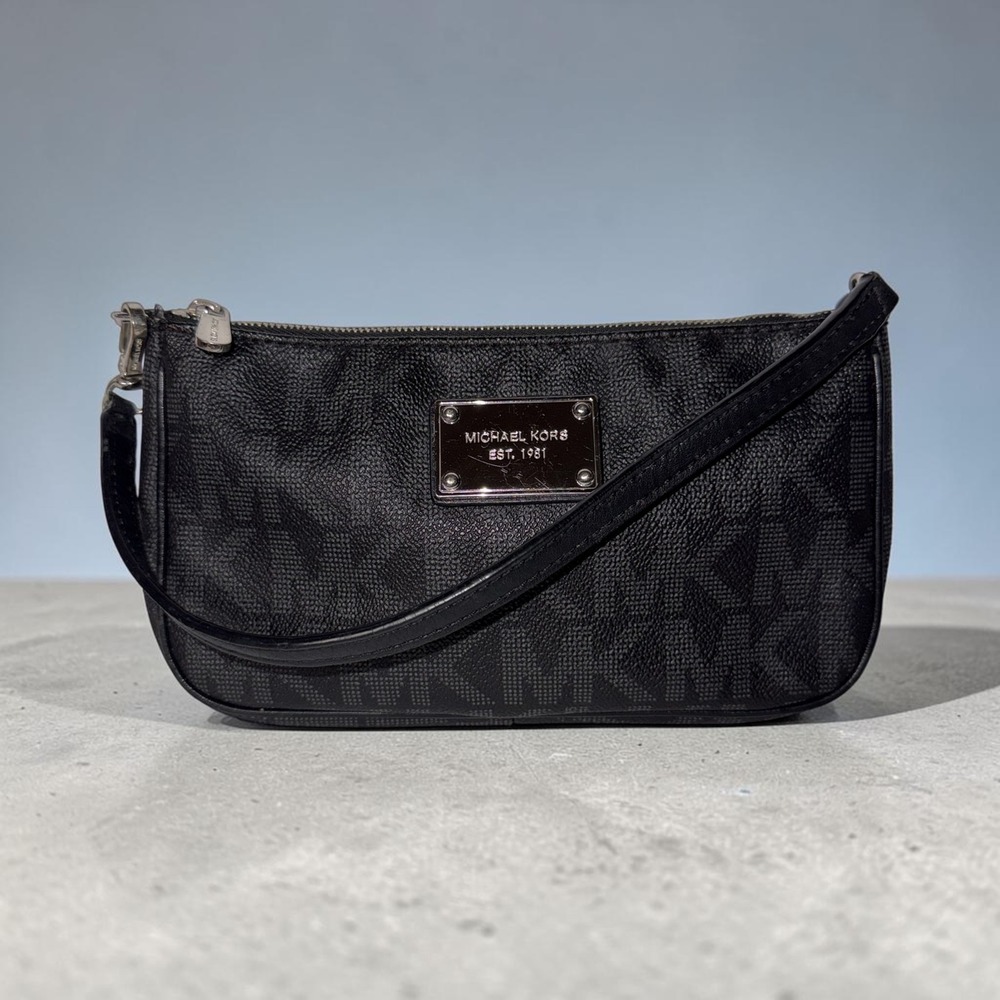 Michael Kors Black Signature Logo Shoulder Bag Wristlet Silver Hardware